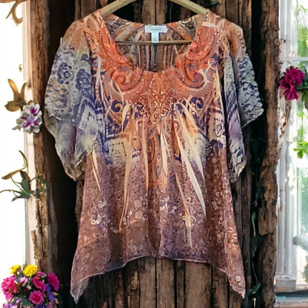 Vtg Hippie Boho Light Silky Woman's Shirt Blouse Top Dressbarn Sz M